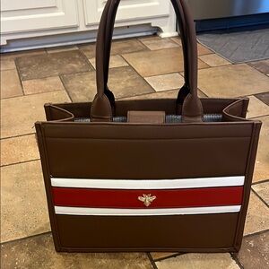 Brown Tote Bag with Red and White Stripe